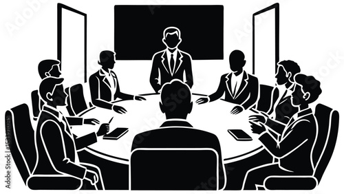 Monochrome vector illustration of a board meeting with diverse business professionals