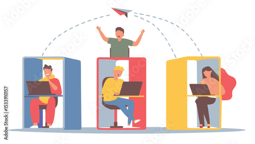 People working in colorful office cubicles connected by a paper airplane and dotted lines design