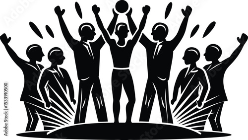 Teamwork celebration with raised arms and a trophy symbolizing collective success in black and white