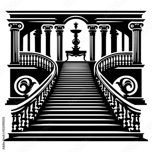 Grand staircase in classical building with fountain