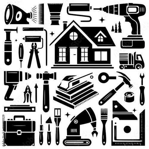 Home improvement tools and house icon set