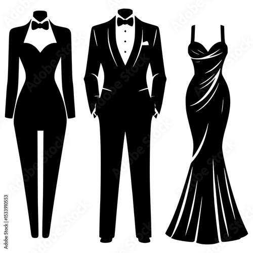 Formal wear icons tuxedo jumpsuit and gown