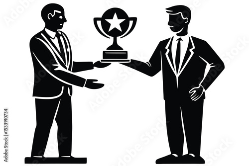 Business man awarding trophy for success and achievement in black and white