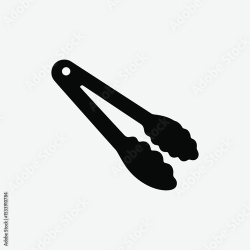 Download a clean black silhouette vector of kitchen tongs in a slightly open position. Minimal design with smooth outlines on a plain white background for sharp, clear visibility.