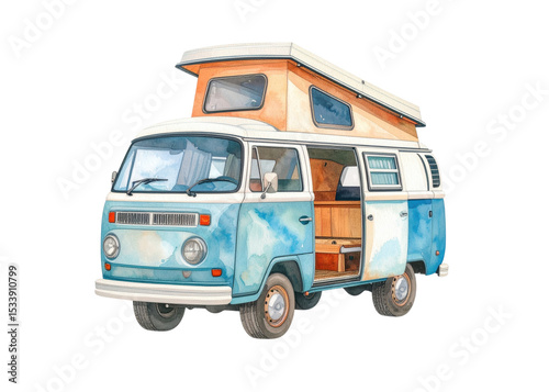 A charming watercolor illustration of a vintage blue and white camper van, featuring a raised pop top roof and an open side door revealing the cozy interior, perfect for road trips and adventure.