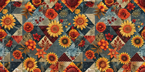 Vibrant autumn-themed quilt pattern adorned with sunflowers and rich foliage.