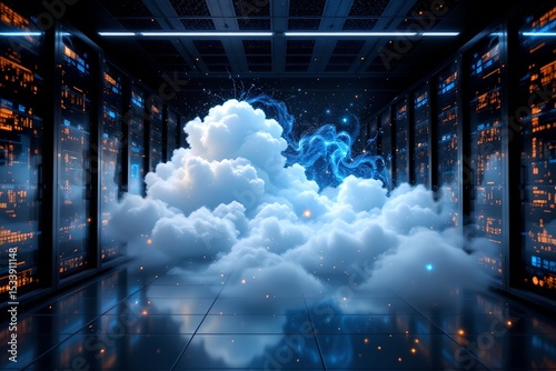 Cloud computing transformation data center digital art futuristic environment close-up view innovative technology concepts