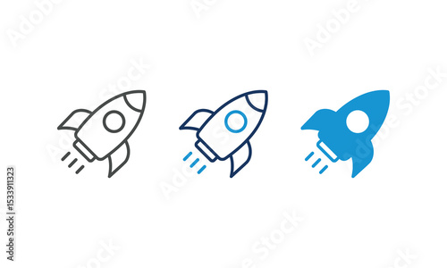 Rocket Ship Launch Icon Set Flat Vector Design in Blue and Gray Styles