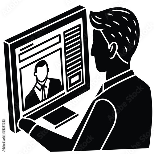 Man attending virtual meeting on computer monochrome illustration flat vector style