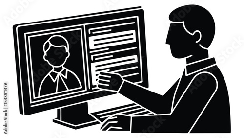Man reviewing online profile on computer black and white silhouette