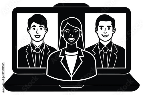 Online meeting with business team members through laptop screen black and white