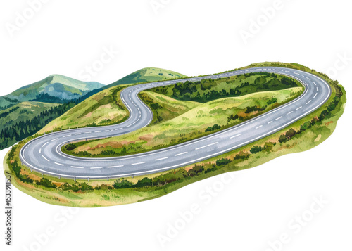 Watercolor illustration of a winding mountain road traversing green hills with distant peaks, depicting a scenic journey or travel concept.