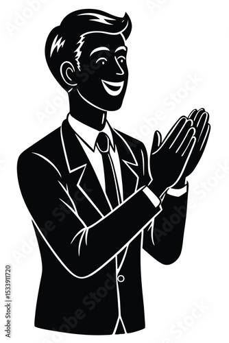 Smiling businessman clapping hands in appreciation black and white illustration