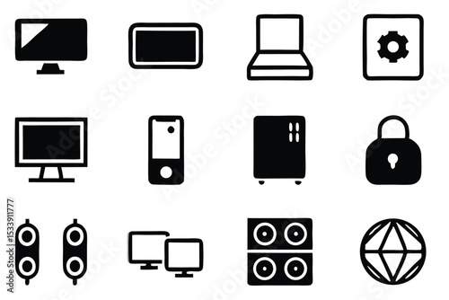 Set of modern black icon illustrations of digital devices and gadgets for various applications