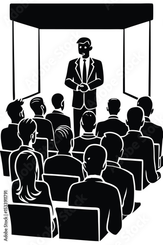 Vector illustration of a business presentation with speaker and audience silhouette