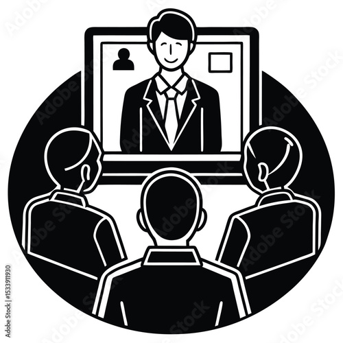 Black and white illustration of business meeting online conference call presentation
