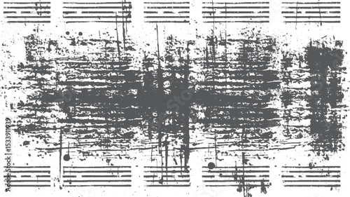 Grungy abstract artistic composition with musical notation elements and textured splatter for design projects