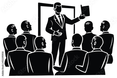 Black and white vector illustration of a presenter giving a presentation to an audience