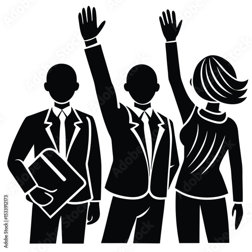 Business people raising hands vector illustration representing teamwork and collaboration