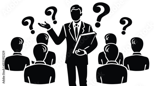 Business presentation with unanswered questions and confused audience silhouette vector