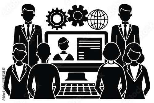Business team working together online computer gears globe concept design