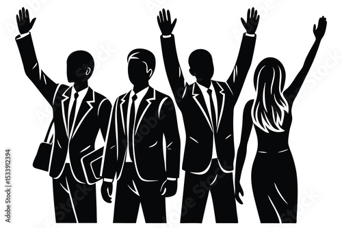 Business team silhouettes with hands raised representing success and achievement