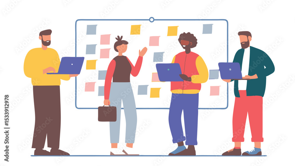 Obraz premium Group of people collaborating with laptops and sticky notes on a whiteboard in a business setting