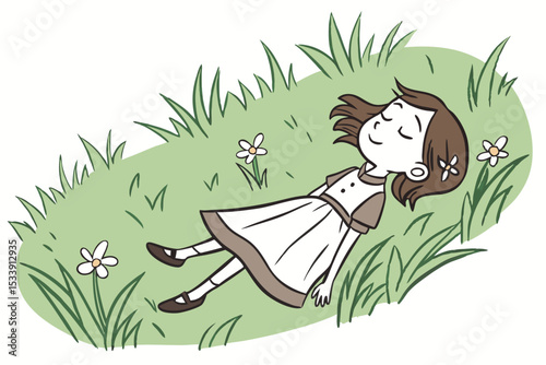 Cartoon girl relaxing on grass with daisies dreaming of spring