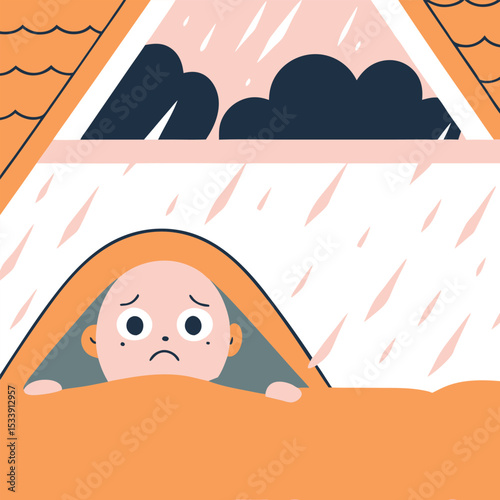 Child feeling unhappy inside a tent during rainy weather vector illustration