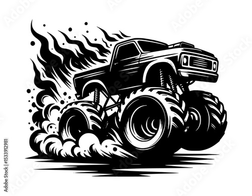 Black and White illustration of a Fiery Monster Truck on Action