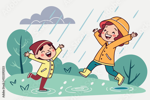 Happy children playing in the rain cartoon kids enjoying rainy weather outdoors
