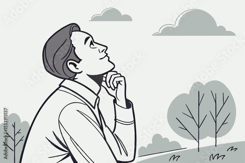 Man contemplating in nature with clouds and trees minimalist vector illustration
