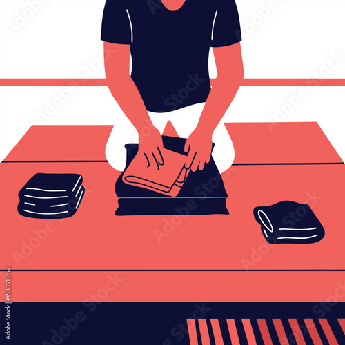 Person folding clothes on table minimalist vector illustration flat design