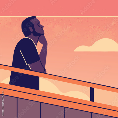 Man contemplating sunset over balcony modern vector illustration graphic design