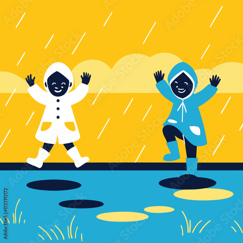 Playful children enjoying rainy weather in raincoats and boots graphic illustration