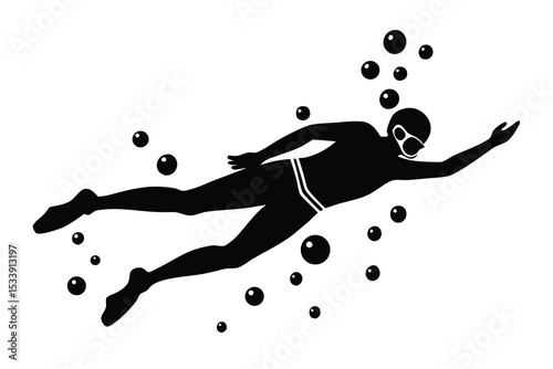 Silhouette of Swimmer with Goggles Surrounded by Air Bubbles Against White Backdrop