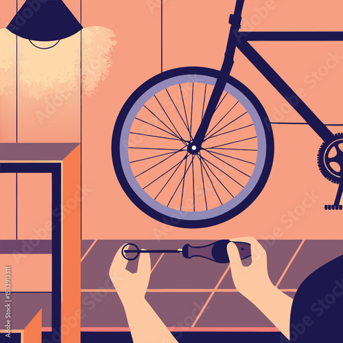 Vector illustration of bicycle repair in garage with tools and lighting