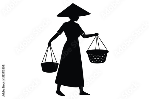Silhouette of Woman in Traditional Hat Carrying Baskets on a White Background