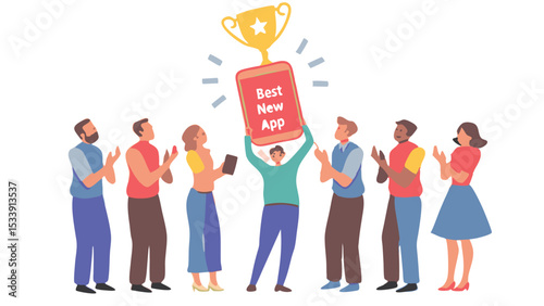 People celebrating best new app with trophy and clapping with diverse team members and red mobile phone