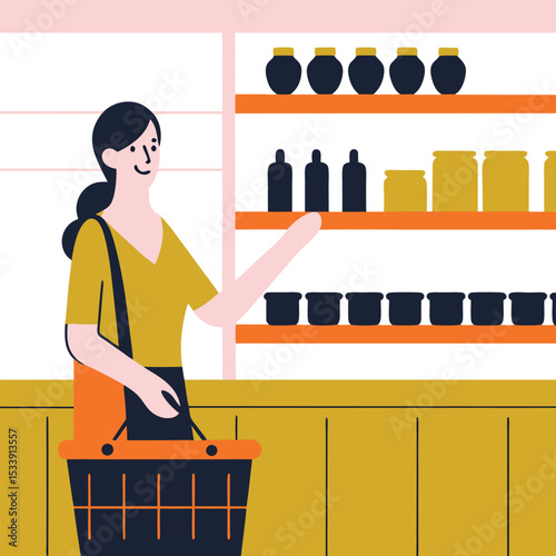 Woman shopping for groceries flat vector illustration in supermarket aisle