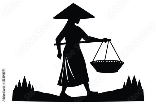 Silhouette of Woman Carrying Baskets with Conical Hat in Rural Landscape Illustration