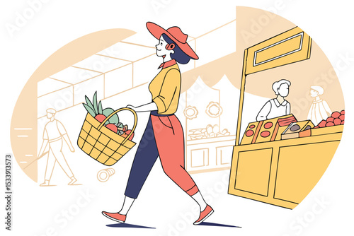 Woman with basket at farmers market buying fresh produce illustration