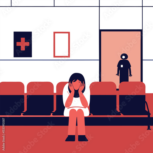 Worried patient in minimalist hospital waiting room illustration style vector graphic
