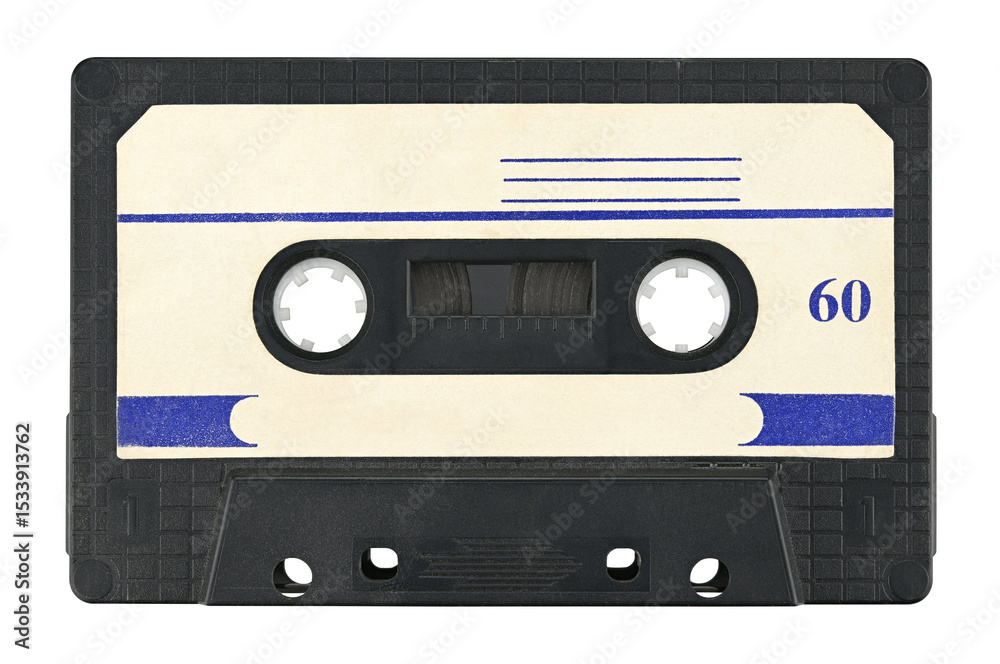 Obraz premium Old audio cassette tape isolated on a transparent background. Completely in focus. Full depth of field. PNG.