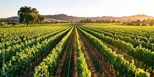 symmetrical vineyard in low-lying terrain bordered by trees at the far end, green canopy trimmed evenly, overhead view showing uniform spacing, high-resolution lighting with natural detail in