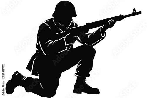 Soldier Silhouette Kneeling Aiming Rifle Military Prepared for Action