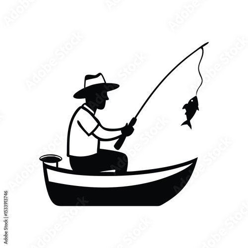 Silhouette of fisherman in boat catching fish — minimalistic vector fishing design great for outdoor, hobby, and lake-themed illustrations.
