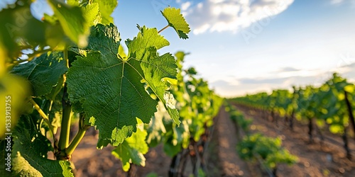 vineyard captured from low angle, foreground vine dominating frame with background rows diminishing toward soft evening light, mild cloud texture above horizon, immersive focus on structure
