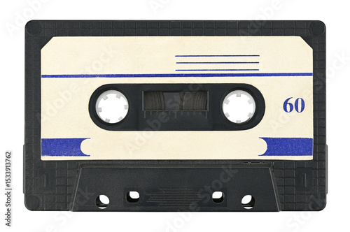 Old audio cassette tape isolated on a transparent background. Completely in focus. Full depth of field. PNG.