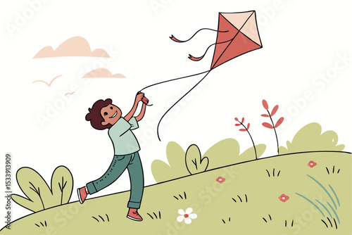 Cheerful boy flying a kite on a sunny meadow illustration